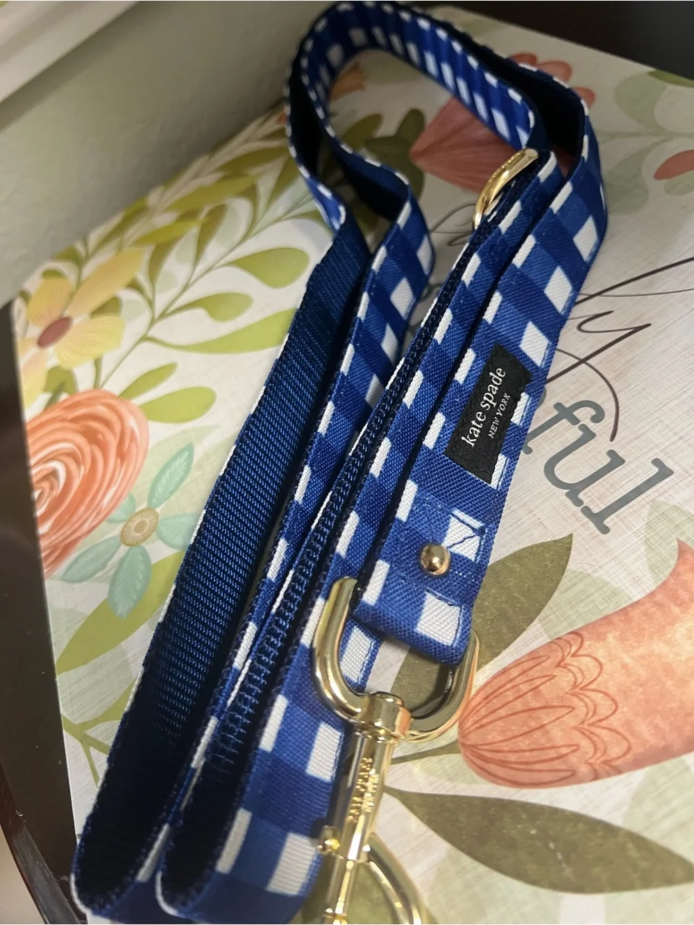 NWOT kate spade Blue and White Gingham Dog Leash with Gold Hardware “YC